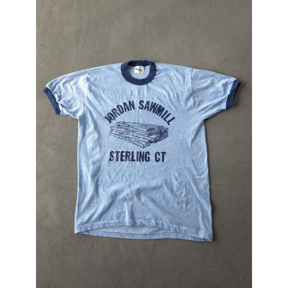 Vintage 1980s Jordan Sawmill Stedman Blue Ringer T-shirt USA Made L